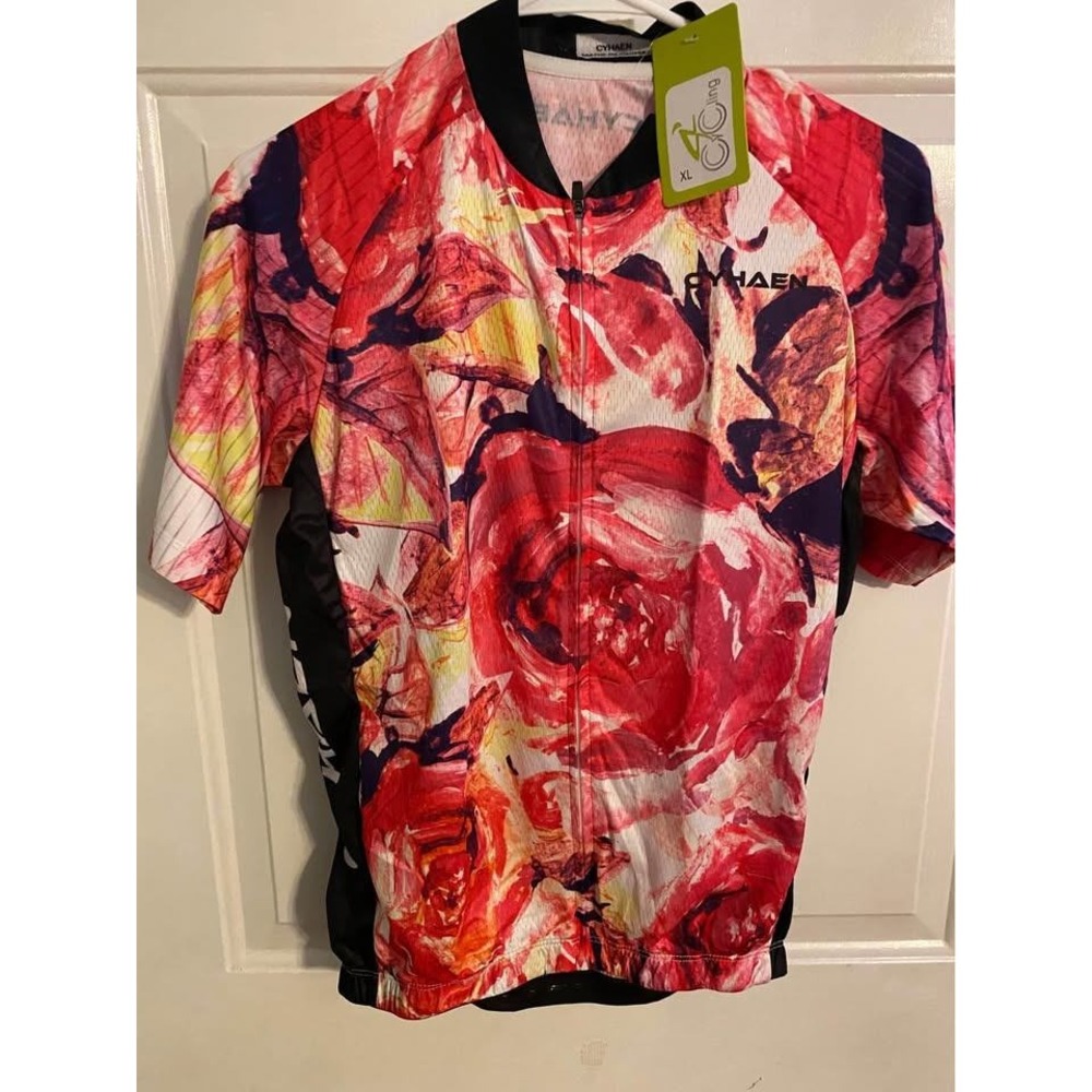 Mens Cycling Jersey sz XL Red Rose Floral Short Sleeve Full Zip Bike Shirt